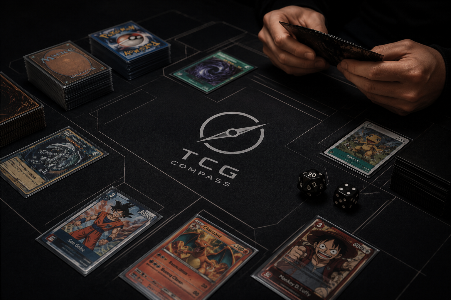 Pokémon, Magic, Yu-Gi-Oh!, One Piece and Digimon cards laid out on a dark TCG Compass playmat